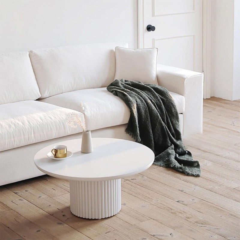 Contemporary Round Coffee Table with Solid Wood Top and Iron Pedestal Base