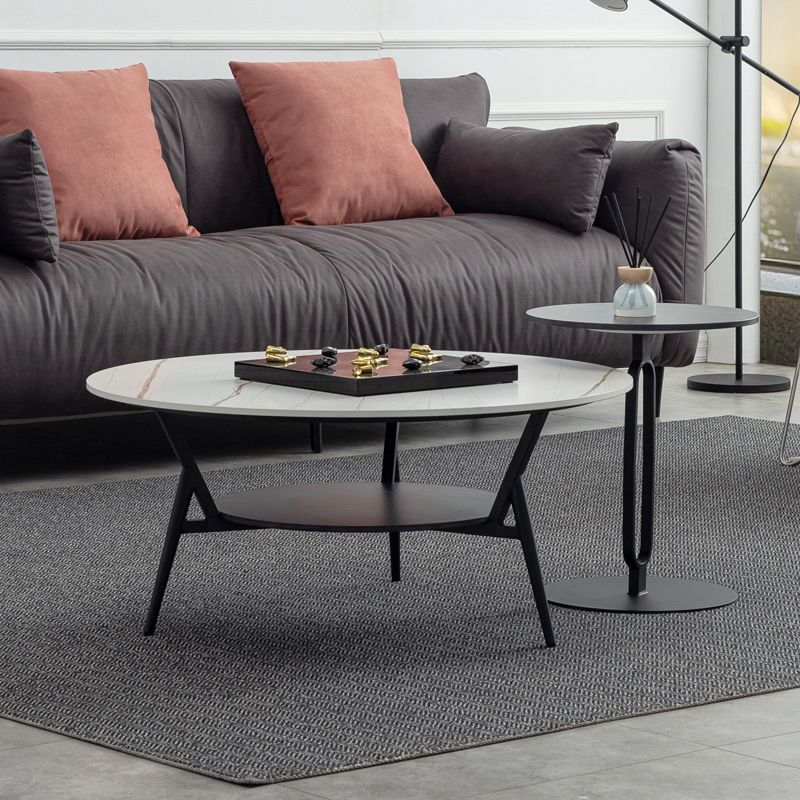 Modern Slate Trestle Coffee Table with Storage Round Cocktail Table in Grey