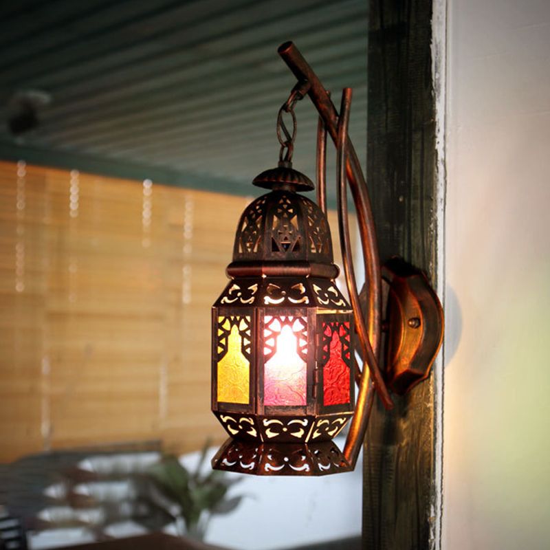 Moroccan Carved Lantern Wall Lamp 1 Bulb Stained Art Glass Wall Mounted Light Fixture in Copper
