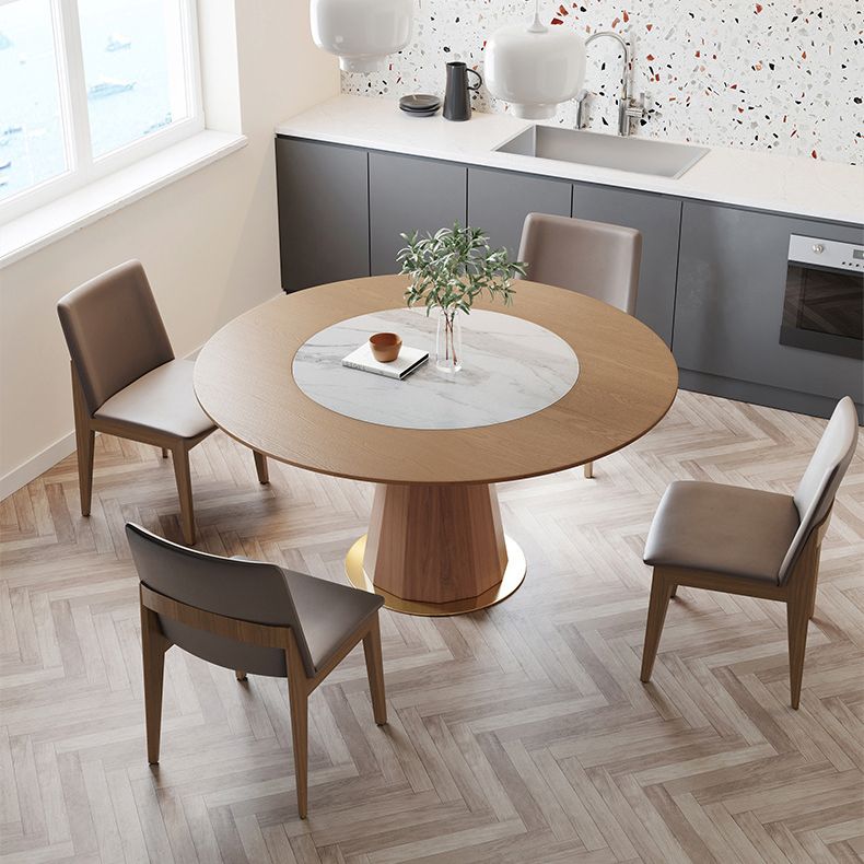 Round Solid Wood Dining Table Modern Brown Turntable Furniture with Pedestal Base
