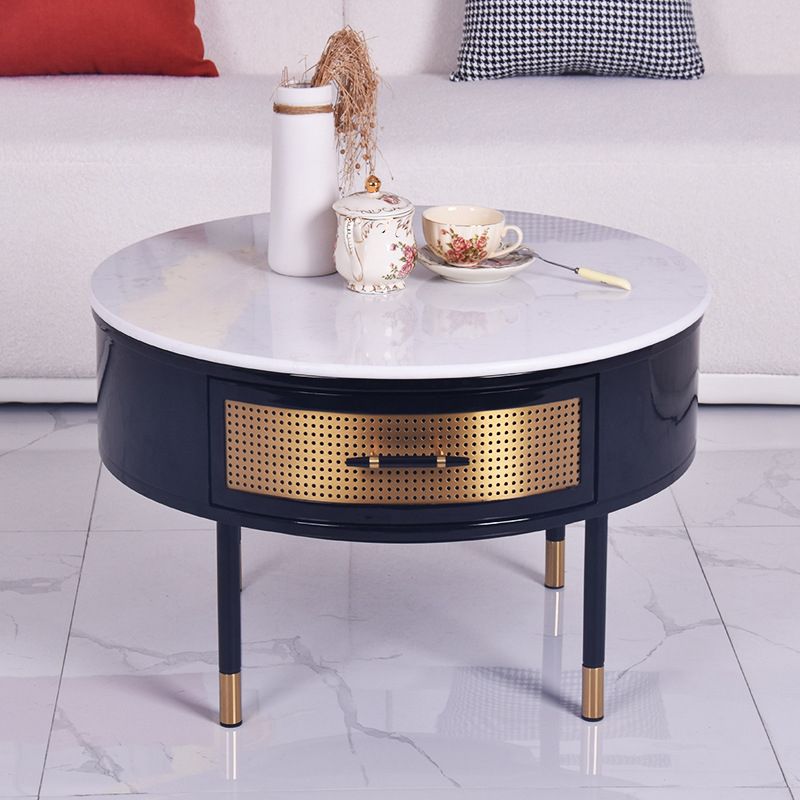 17.7" H Round Slate Coffee Table 4 Legs Cocktail Table with 2 Drawers
