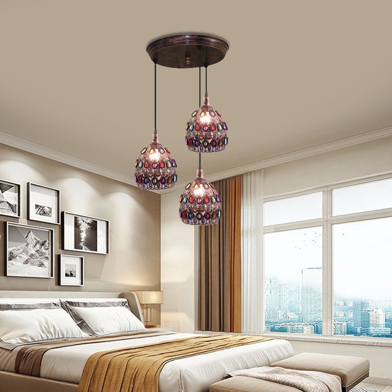 Rust 3 Bulbs Multi Light Pendant Traditional Metal Dome Suspension Lamp with Round/Linear Canopy for Bedroom