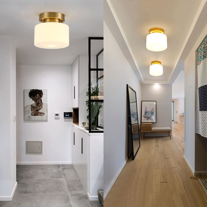 Lámpara de techo cilíndrica de cristal de estilo tradicional, placa de techo de latón, accesorio de iluminación mini para dormitorio de 1 luz