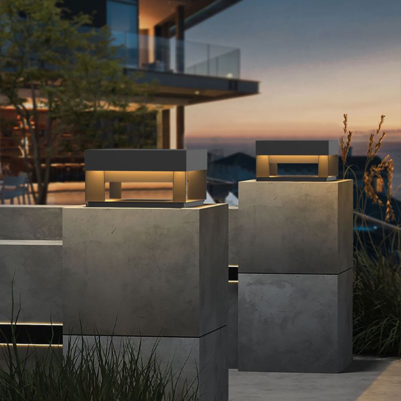Contemporary Metal Pillar Lamp Square Shape Outdoor Waterproof Light in Black