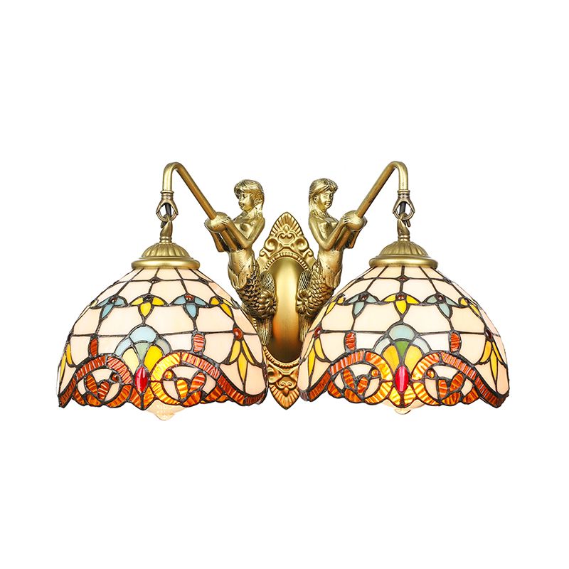 Brass Dome Wall Mount Light Baroque 2 Heads Beige Glass Sconce Light with Mermaid Decoration