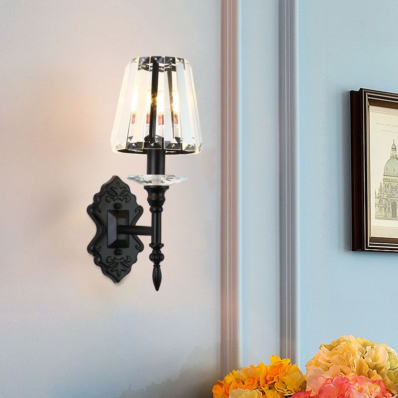 1/2-Light Bedside Wall Lighting Modernism Black Wall Mounted Lamp with Conic Crystal Block Shade