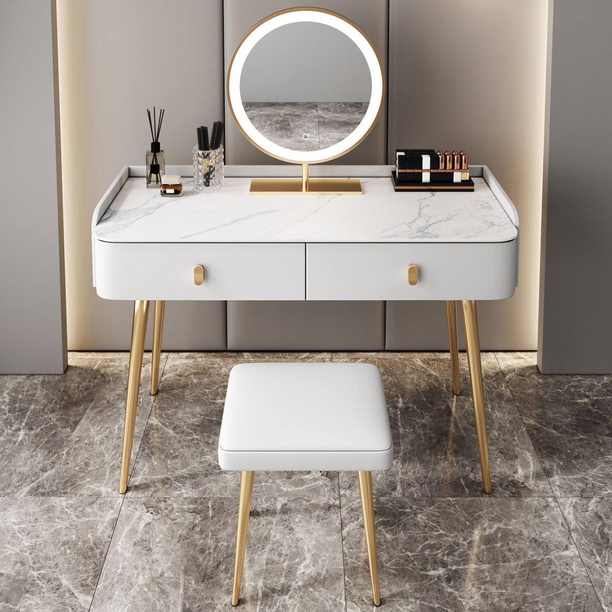 Glam Marble Makeup Vanity Set With Drawer for Bedroom in White