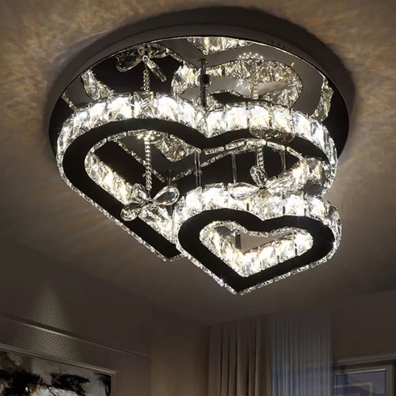 Beveled Crystal Loving Heart Ceiling Light Fixture Modern LED Clear Semi Flush Mounted Lamp