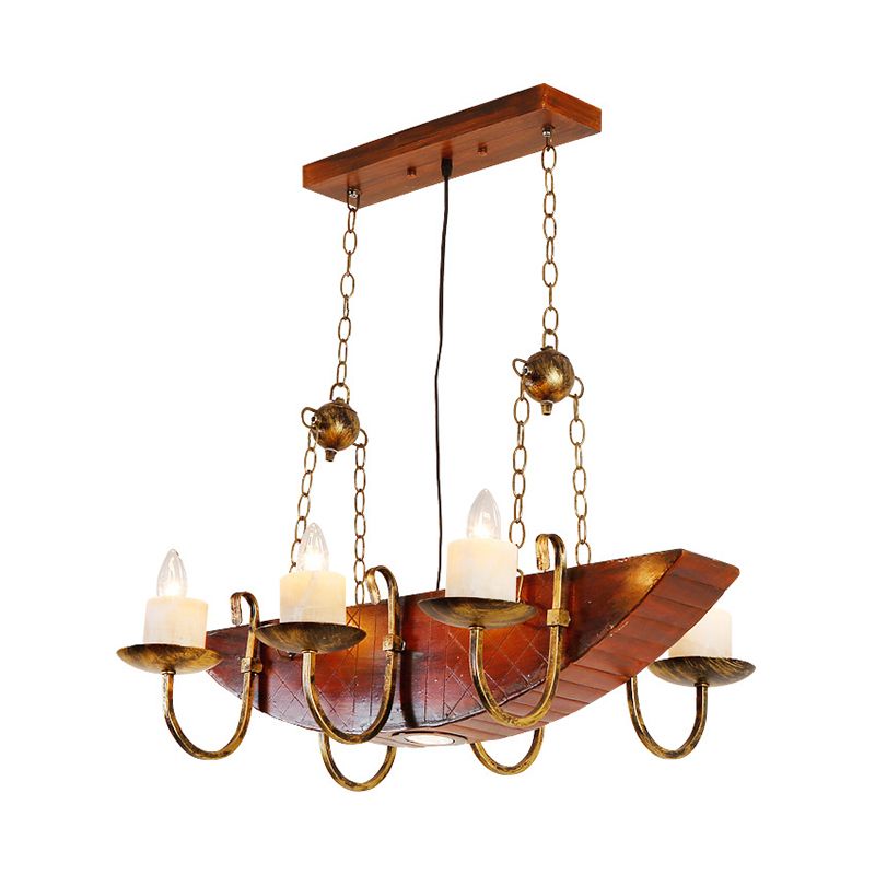 Antique Brass Candle Chandelier Lamp Rustic Metal 6-Light Living Room Hanging Light with Wooden Shelf