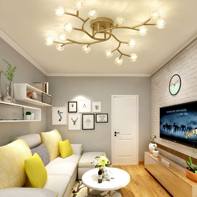 Flower Branch Flush Mounted Light Modern Clear Glass Living Room Semi Flush Chandelier