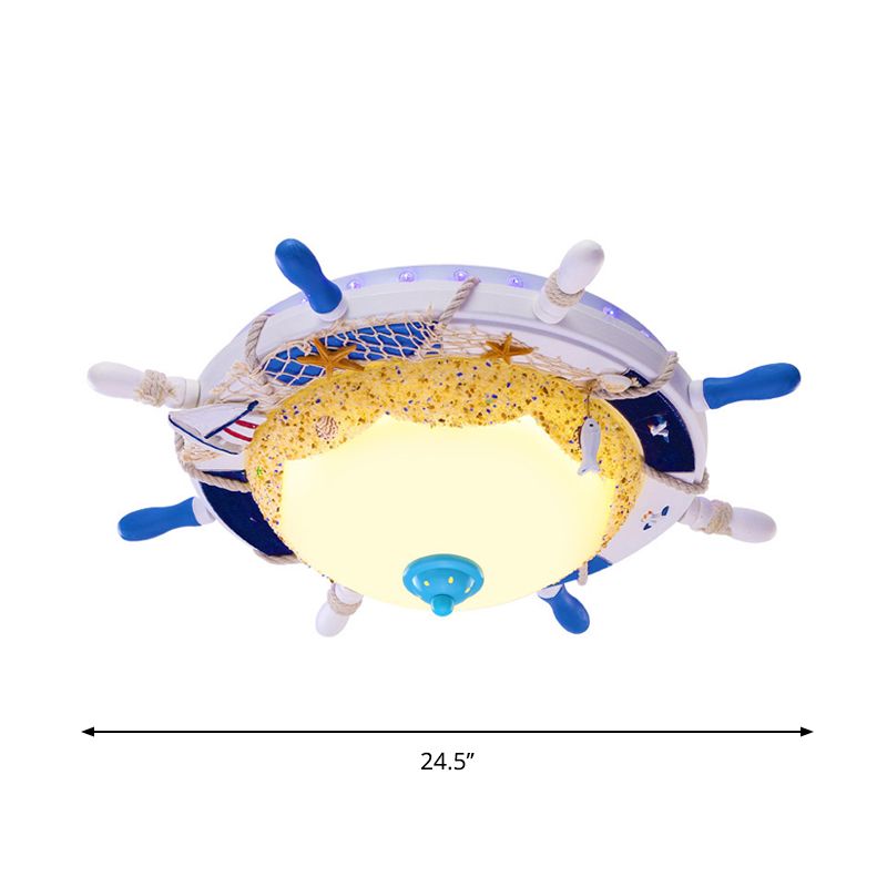 Creative Domed Close to Ceiling Lamp Opal Glass LED Bedroom Flushmount with Rudder and Beach Design in Blue, Warm/White Light
