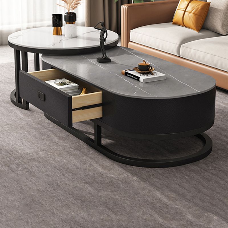 Oval Coffee Table Slate Nesting Coffee Table Set with Black Legs