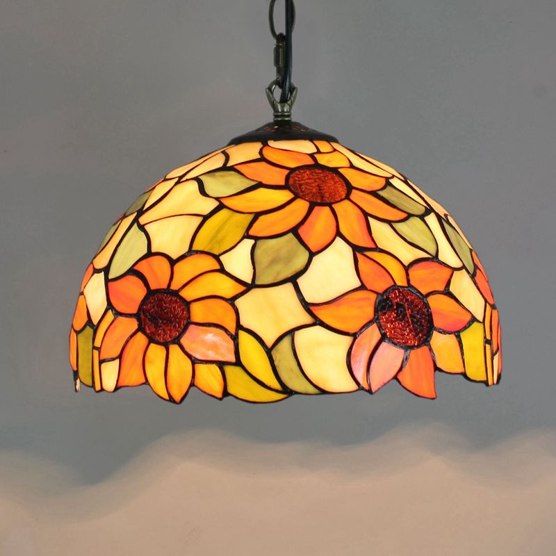 Domed Hanging Pendant Light Stained Glass Mediterranean Pendant Light Fixture in Blue