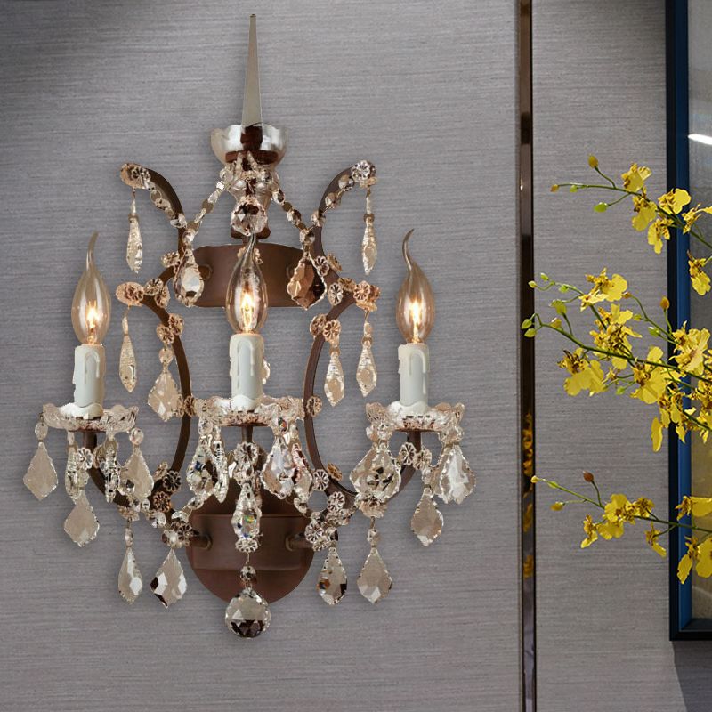 Candle Living Room Sconce Light Rustic Clear Crystal 3 Lights LED Wall Lighting Fixture in Rust