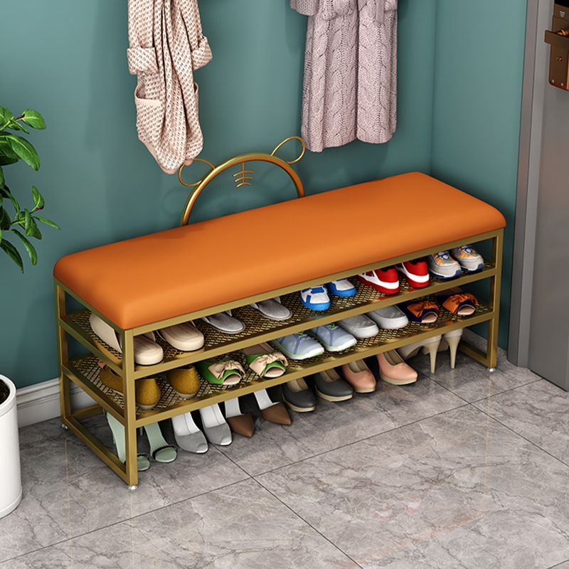 Modern Entryway Bench Cushioned Rectangle Metal Seating Bench with Shelves