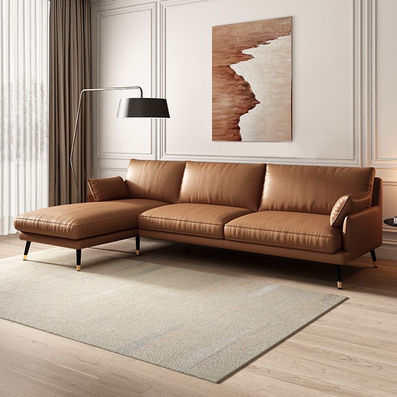 Mid-Century Modern Brown Leather Sectional Recessed Arm Sofa with Pillows