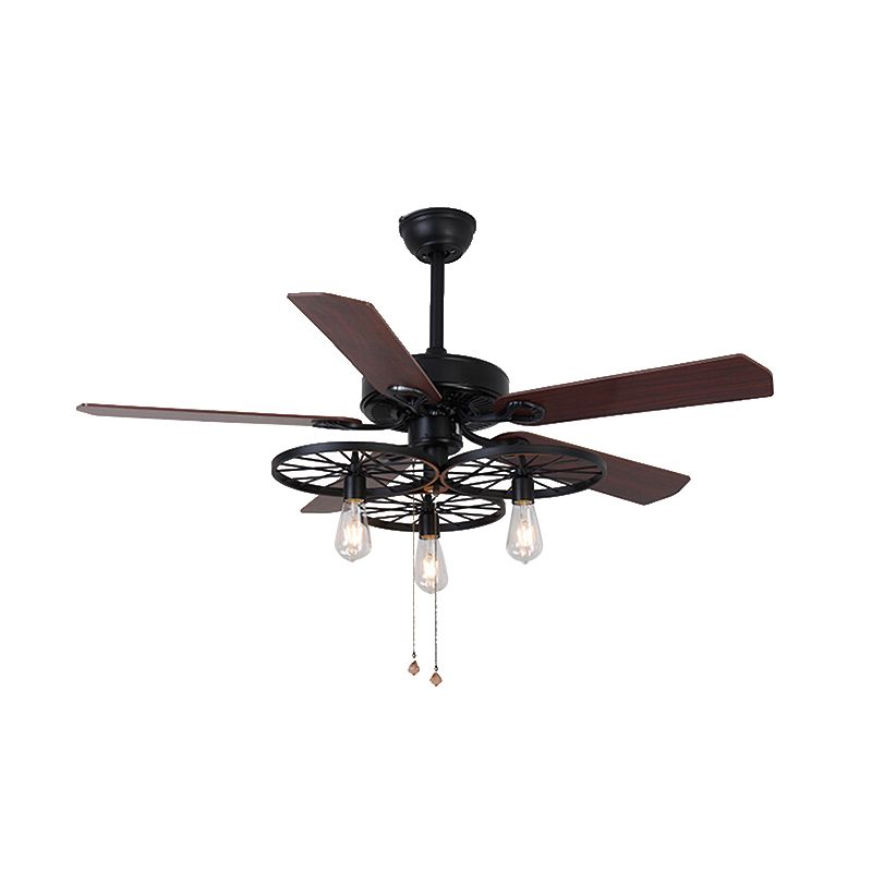 3 Lights Wheel Ceiling Fan Industrial Retro Metal Semi Flush in Black with 5 Blades