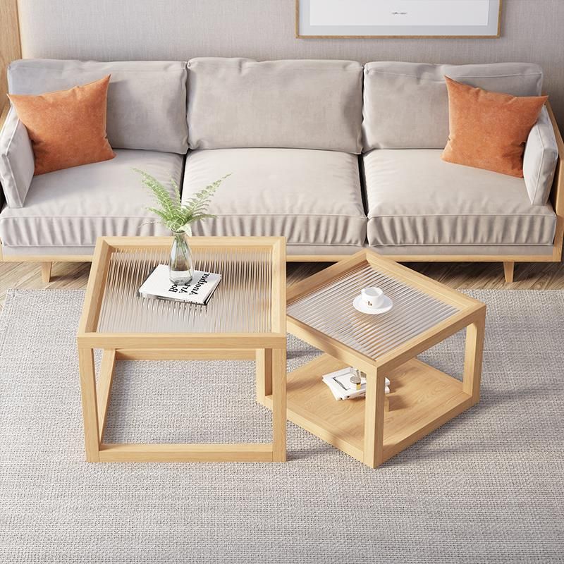 Contemporary Rectangle Coffee Table with Glass Top and Pine Wood Base