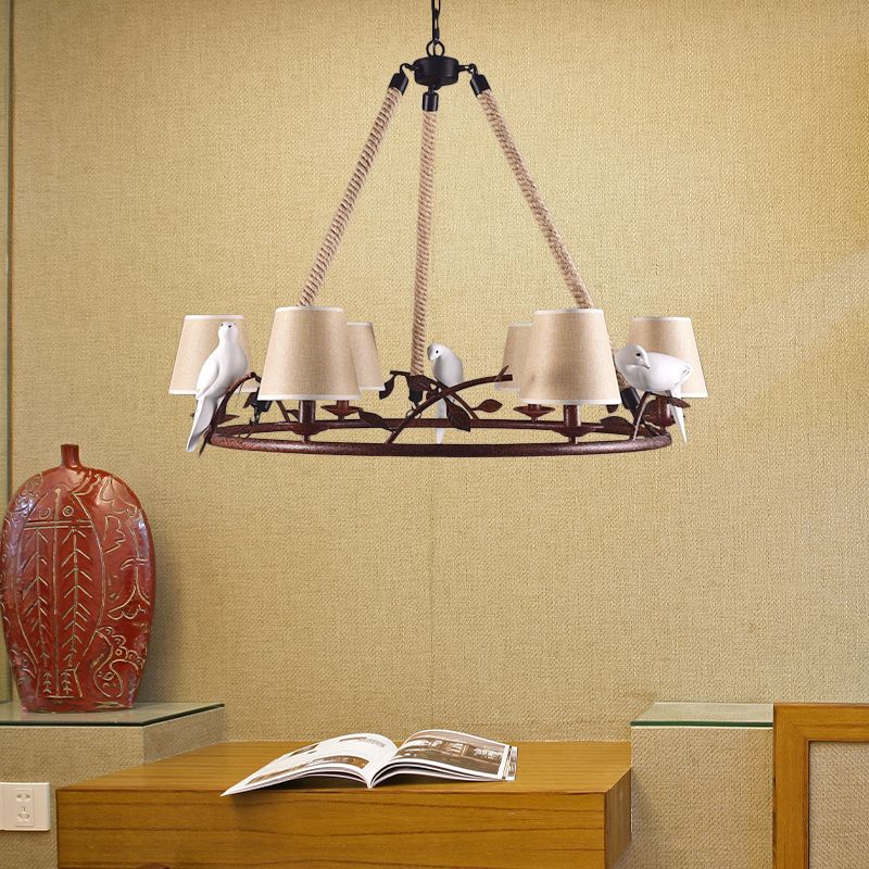 Wheel Metal Chandelier Lighting Vintage 6 Lights Dining Room Pendant Lighting in Rust with Tapered Fabric Shade