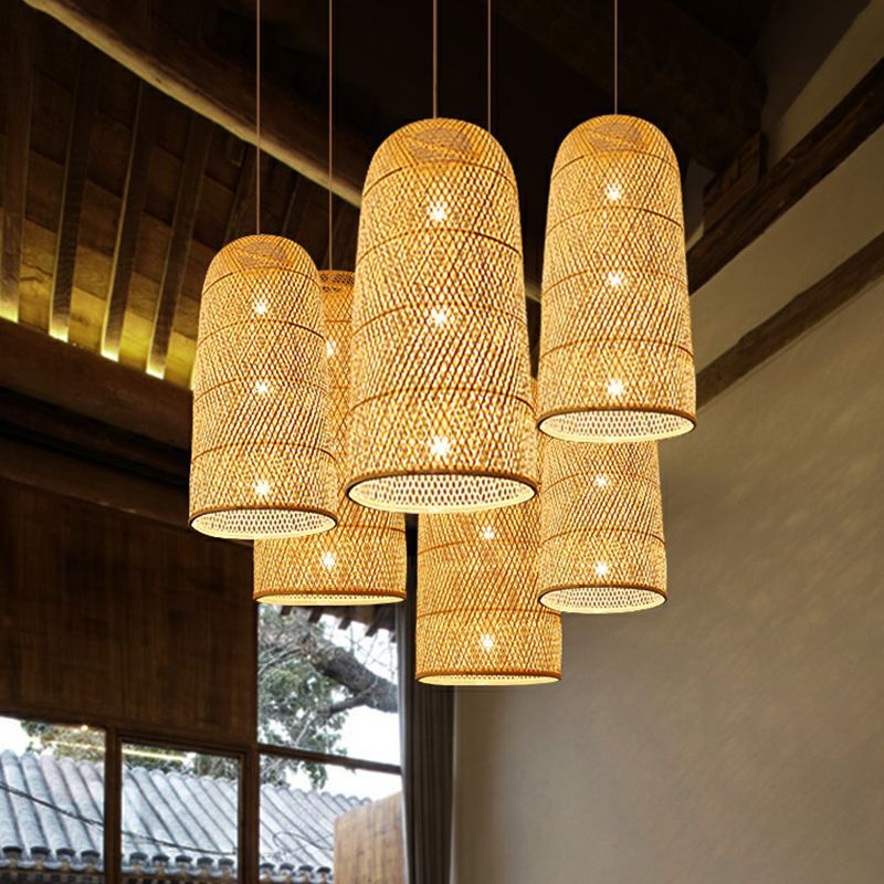 Hand Woven Bamboo Pendant Light Kit Asian 1 Head Beige Suspended Lighting Fixture