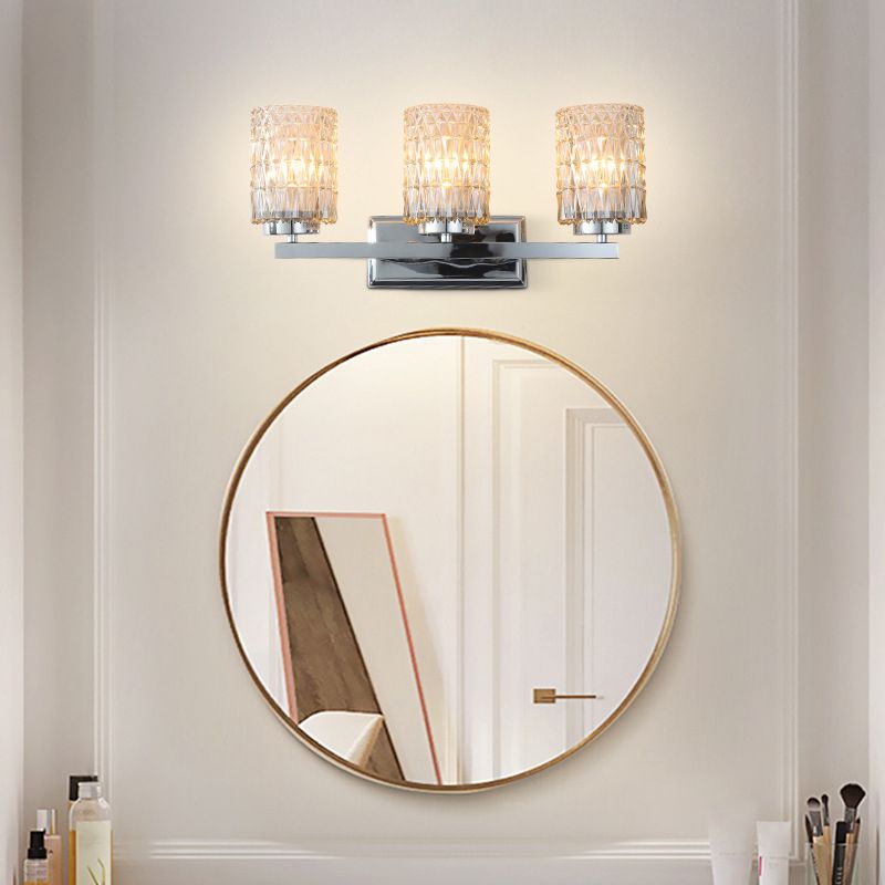3-Light Cylindrical Vanity Lamp Traditional Chrome Lattice Glass Wall Sconce for Bathroom