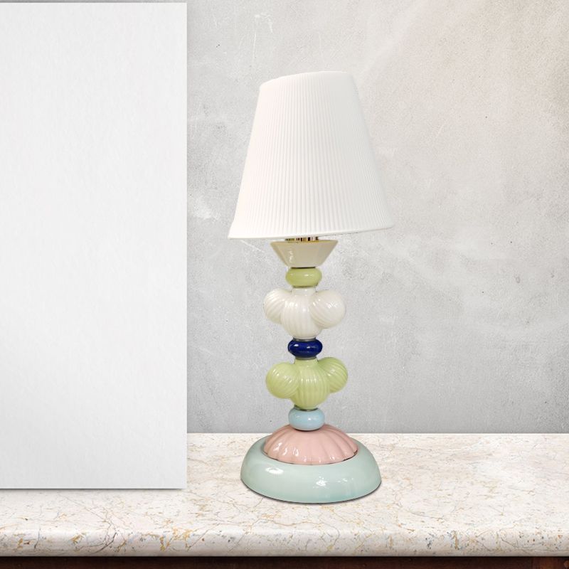 Fabric Conical Reading Book Light Kids 1-Light Table Lamp with Round Ceramic Base in White