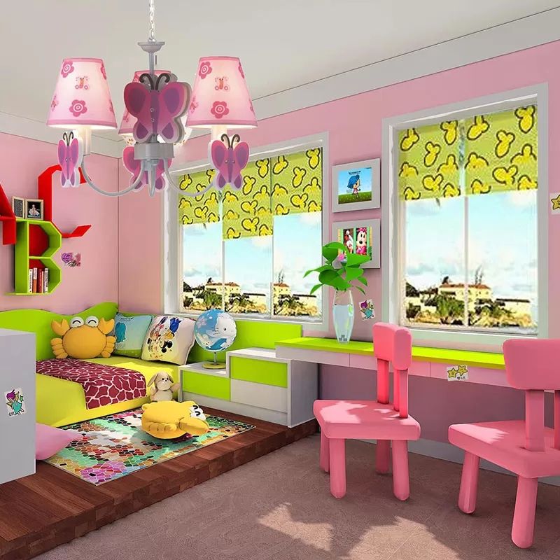 Lámpara de araña rosa para la habitación de las niñas, lámpara colgante ajustable con tono de plástico cónico y mariposa estilo moderno