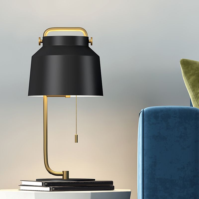 Tapered Drum Table Lamp Contemporary Metal 1 Bulb Bedroom Night Lighting in Black with Pull Chain