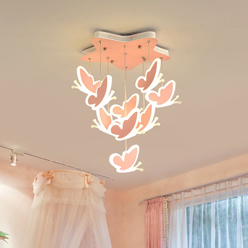 Lámpara de techo de clúster de mariposa voladora estilo acrílico rosa/azul semi flush monte lámpara de luz