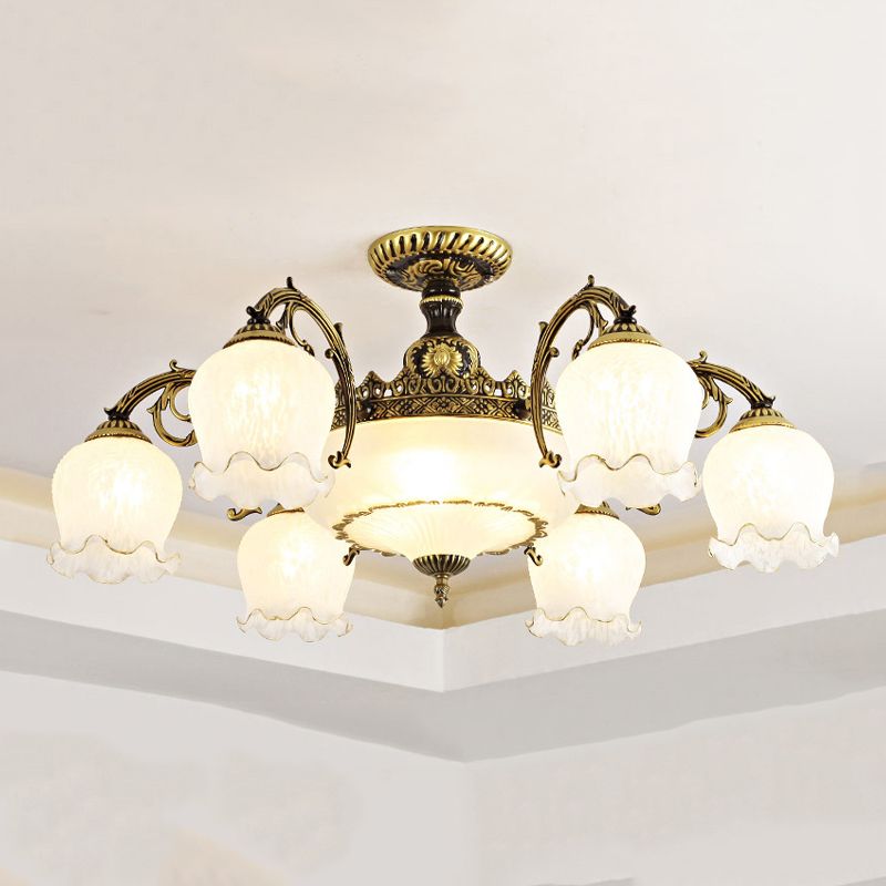 Lámpara semi rascilla de múltiples cabezas iluminación de techo de dormitorio tradicional con sombra de vidrio de flores
