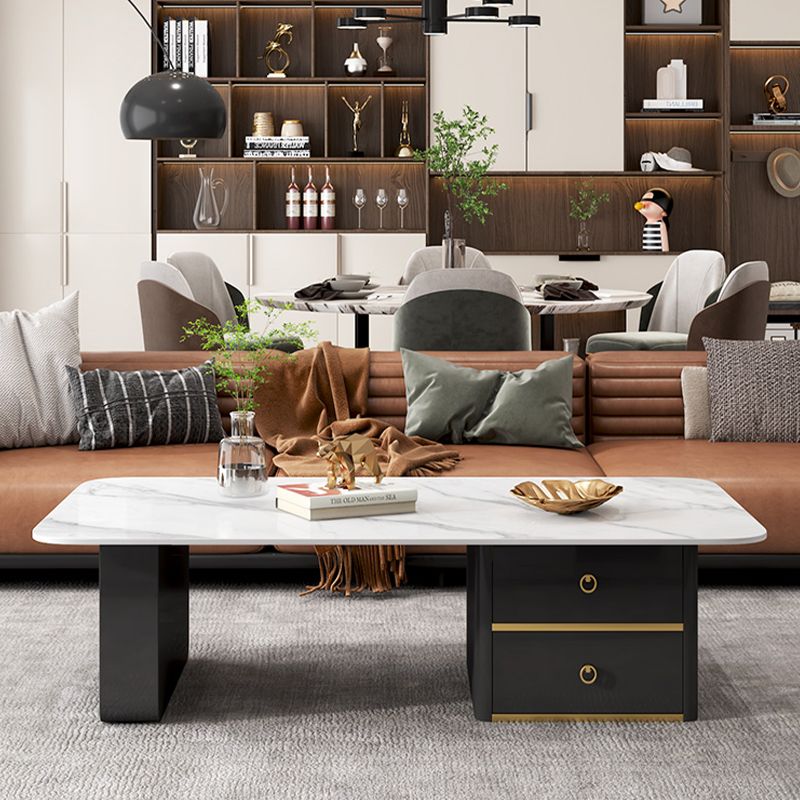 Modern Rectangular Slate Sled Coffee Table with Storage White Cocktail Table