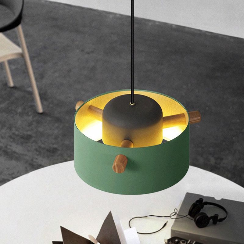 Cylindrical Metal Pendant Lamp Macaron 1 Head Solid Wood Ceiling Hanging Light