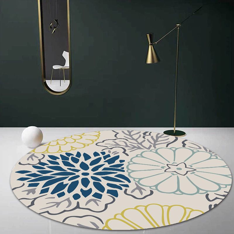 Moroccan Floral Pattern Rug Blue and Grey Polyester Rug Washable Pet Friendly Non-Slip Area Rug for Living Room