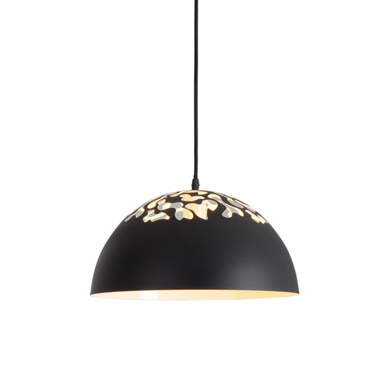 Nordic Dome Ceiling Hang Light 14"/16" Wide 1-Light Iron Pendant Lamp with Hollowed out Top in Black/White
