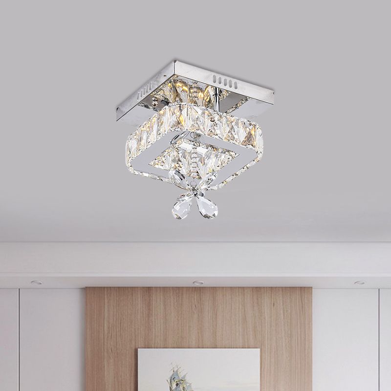 Square Beveled Crystal Semi Flush Mount Contemporary 8"/12" Wide LED Chrome Ceiling Fixture with Floret Design