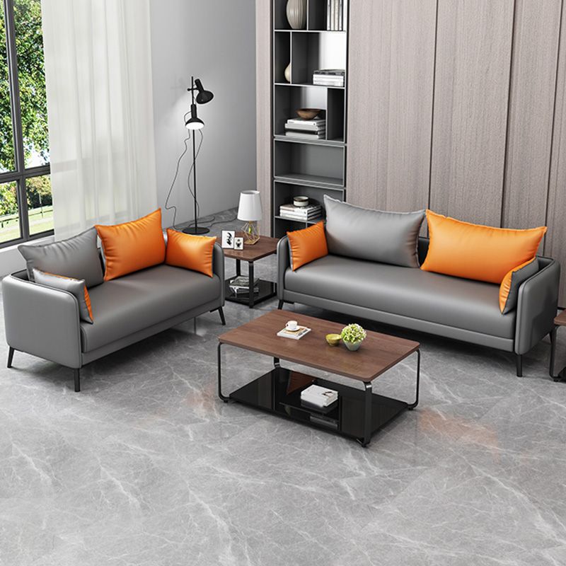 Contemporary Sofa Faux Leather Square Arm Sofa with Pillows for Apartment