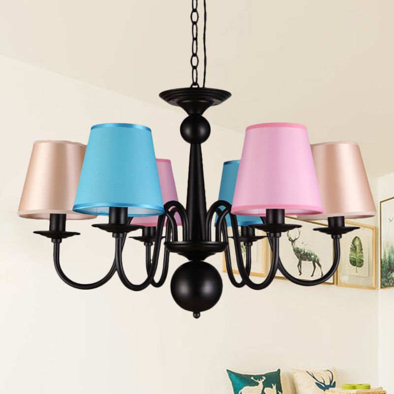 Kegel restaurant plafond kroonluchter traditionele stof 6 lichten zwarte afwerking hangend licht licht met metalen gebogen arm