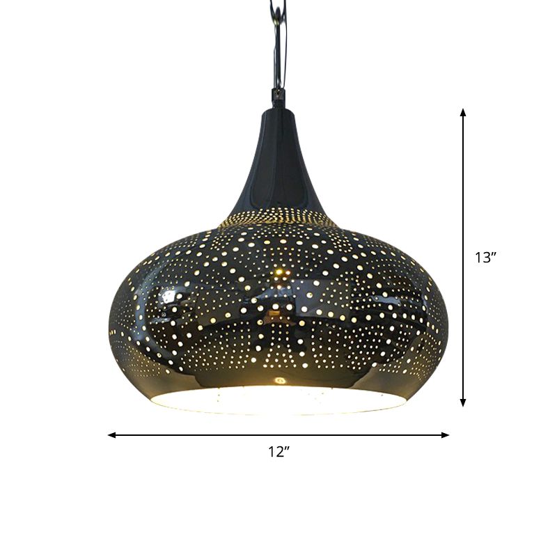 Urn Shape Metal Hanging Light Kit Arab 1-Head 9"/12" Wide Living Room Suspension Lamp in Black
