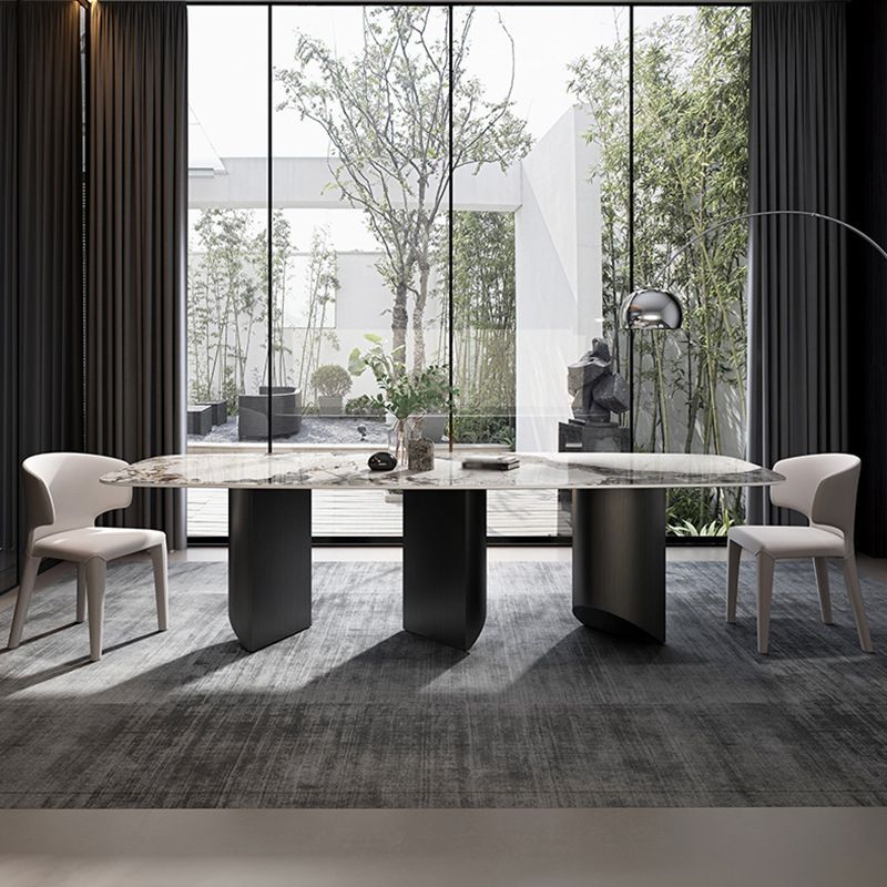 Stone Top Dining Table Contemporary Rectangle Dining Table with Black Base