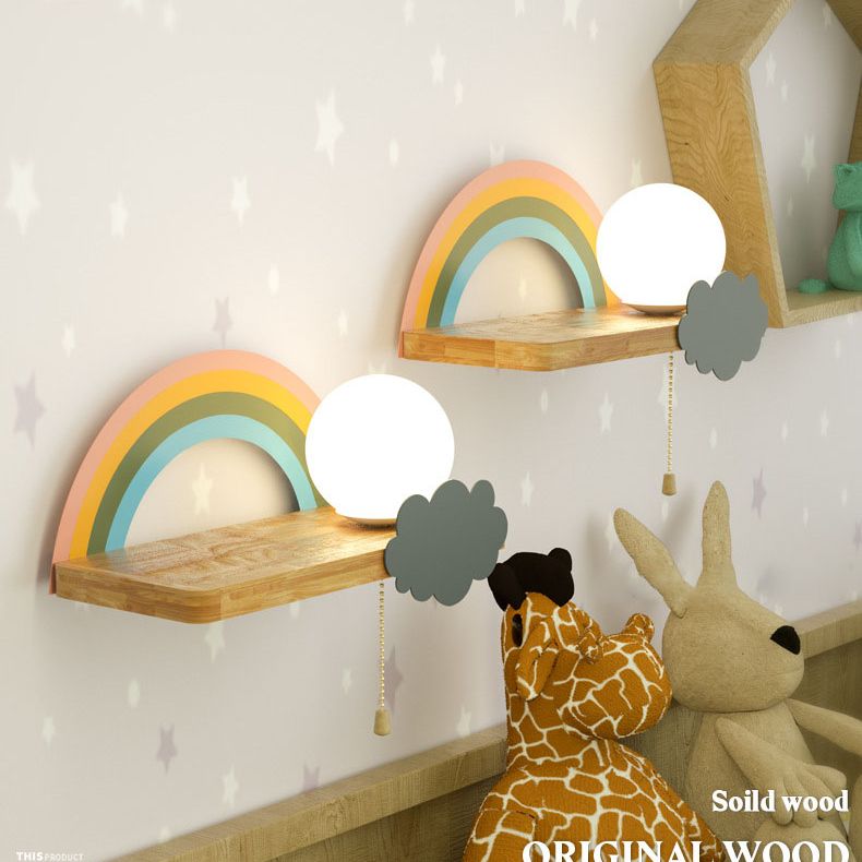 Wood Kids Wall Light Fixture Semicircle Rainbow Sconce Lamp for Children's Room
