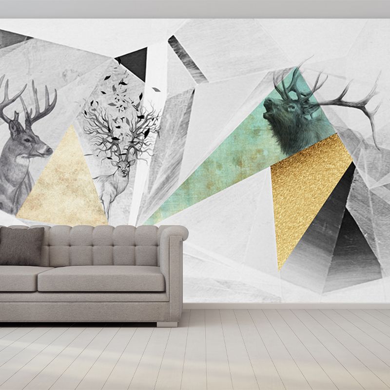 Nordic Geometric Deer Wall Murals Grey and Yellow Stain Resistant Wall Decor for Home