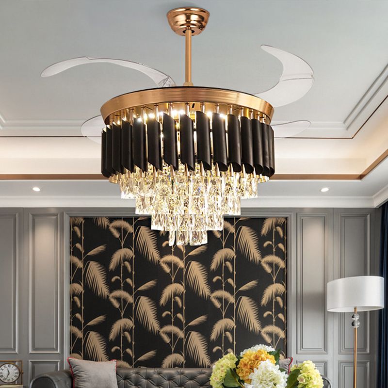 Gold Tiered Ceiling Fan Light Modernist K9 Crystal Flush Mount Led Light with Remote Control/Frequency Conversion for Dining Room