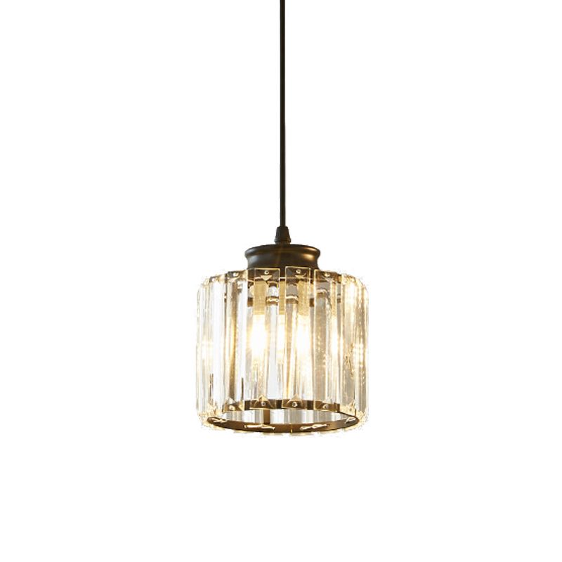 Black Drum Pendant Light Modernist 1 Head Clear Crystal Ceiling Hang Fixture for Living Room