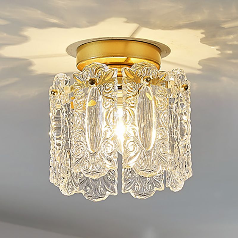 Modern Close to Ceiling Lighting Fixture Gold Cylinder Ceiling Light with Glass Shade