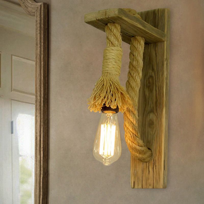 Ein-Bulb-Wandlampe rustikale Offene Lampe Seilleuchte mit Klammer in Holz