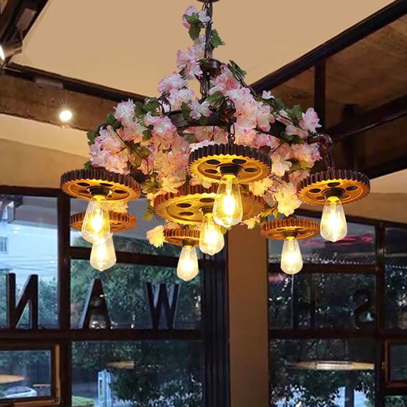 Pink 7 Bulbs Pendant Chandelier Industrial Metal Bare Bulb Ceiling Hang Fixture with Cherry Blossom