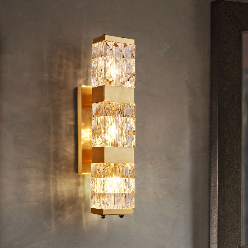 Gold Rectangular LED Wall Sconce in Modern Luxury Style Copper Indoor Wall Light with Crystal Shade