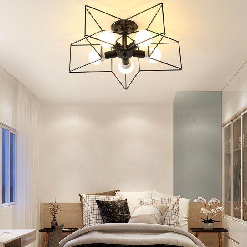 Industrial Star Flush Light Fixture Metal 5 Light Flush Mount Lighting in Black