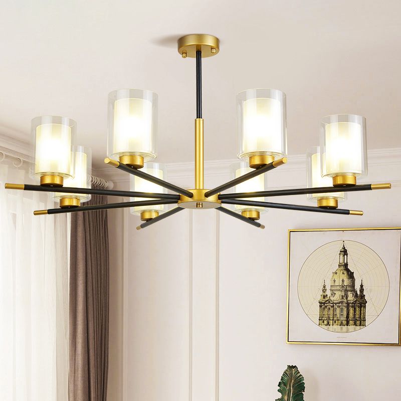 Clear and Frosted Cylinder Suspension Lamp Minimalist Dining Room Chandelier in Black-Brass