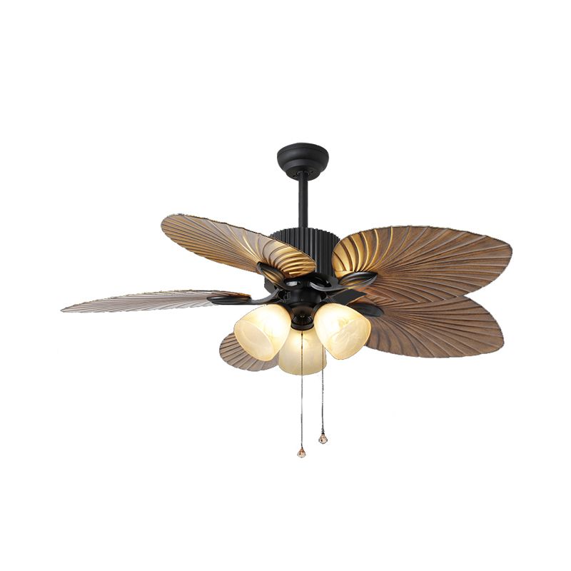 Cup White Glass Semi Flushmount Countryside 42" W 3-Head Living Room Fan Light in Brown with 5 Cattail Leaf Blades, Pull Chain/Wall Control
